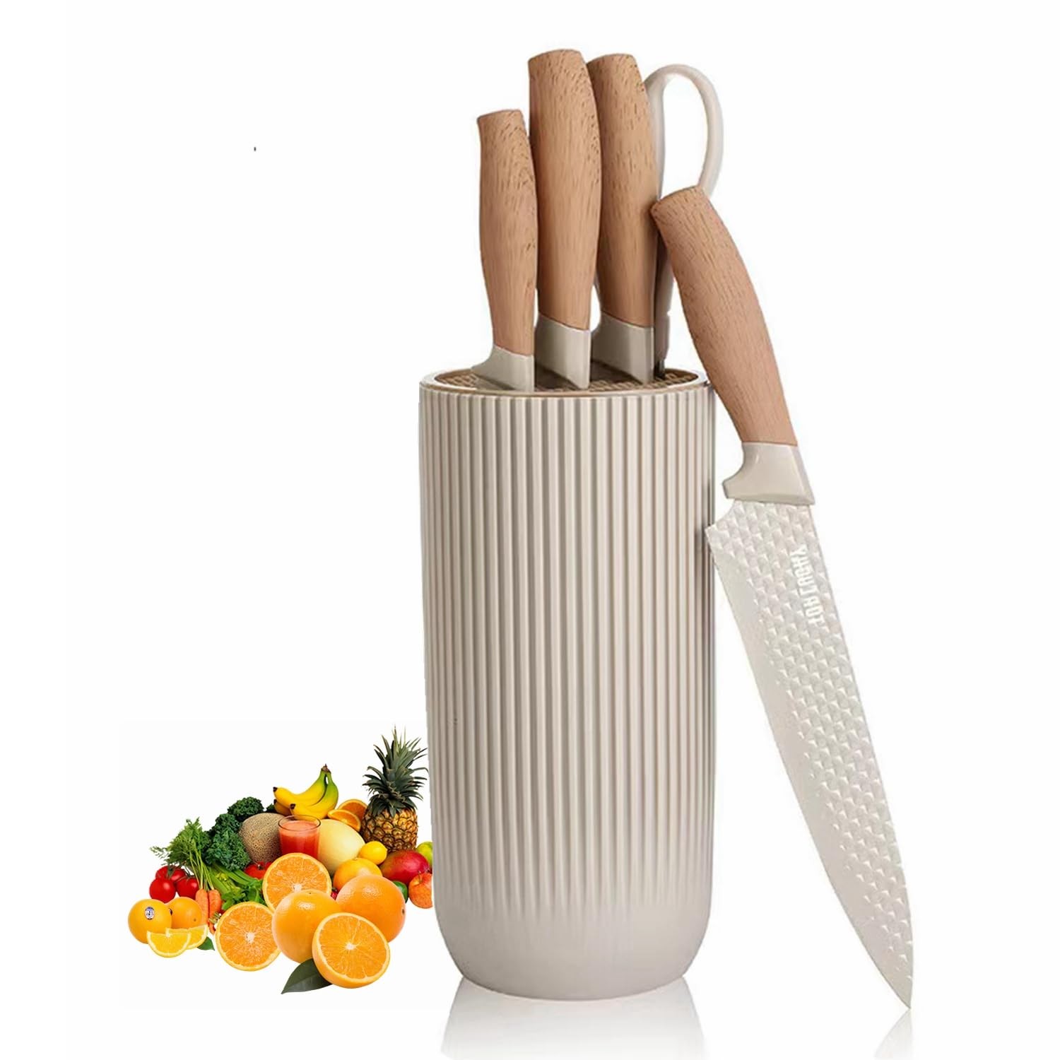 Kitchen Knife Set. 6-Pieces Luxury Wooden Coating, Light Wood Grain Handle, S...