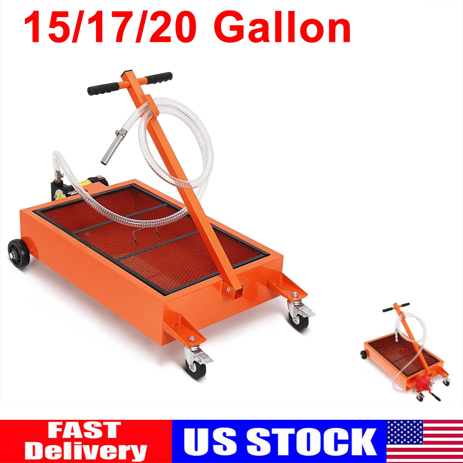 15/17/20 Gallon Oil Drain Pan Electric Pump & 8/8.2Ft Hose Low Profile Cart