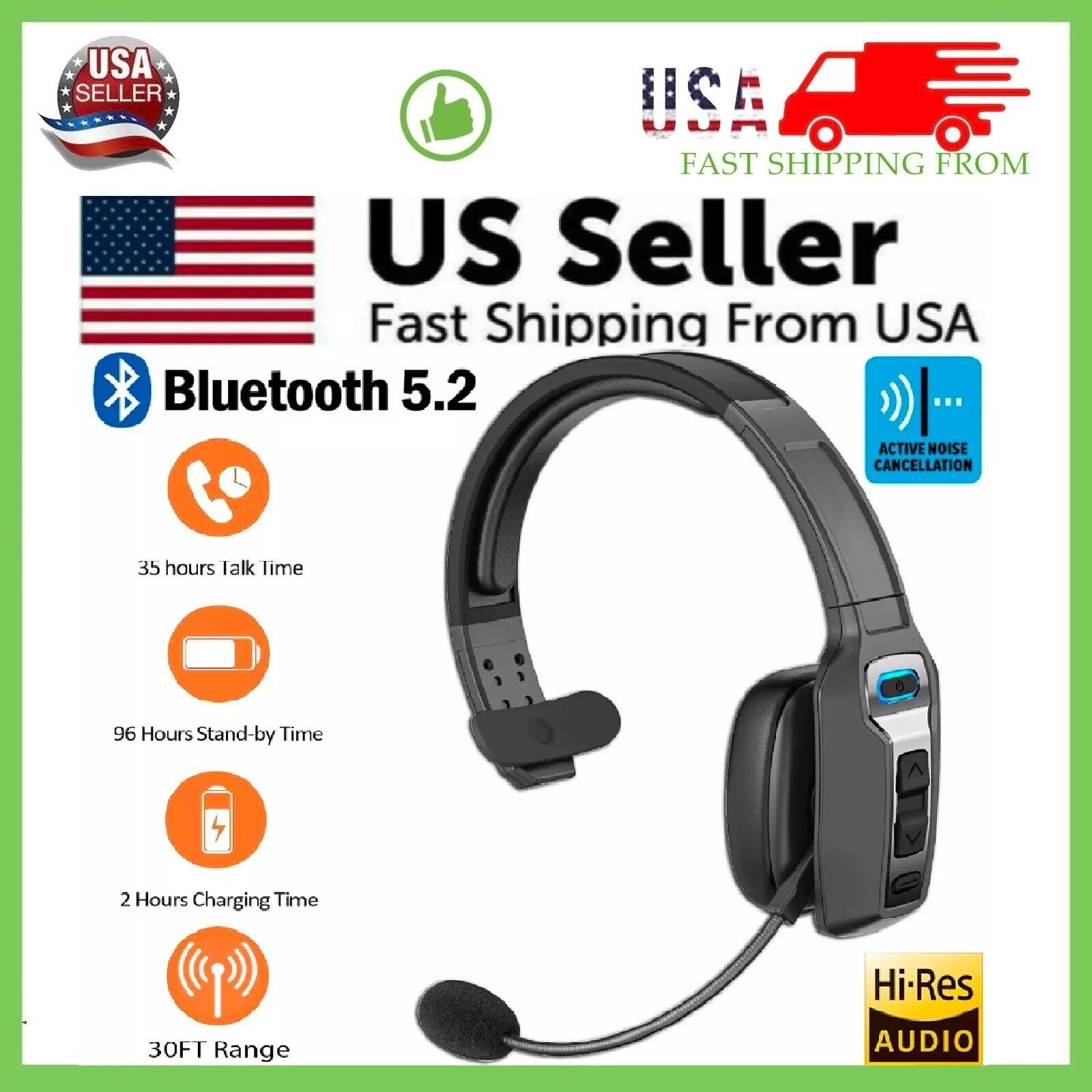 Trucker Bluetooth 5.2 Wireless Headset With Noise Cancelling Mic For Phones PC