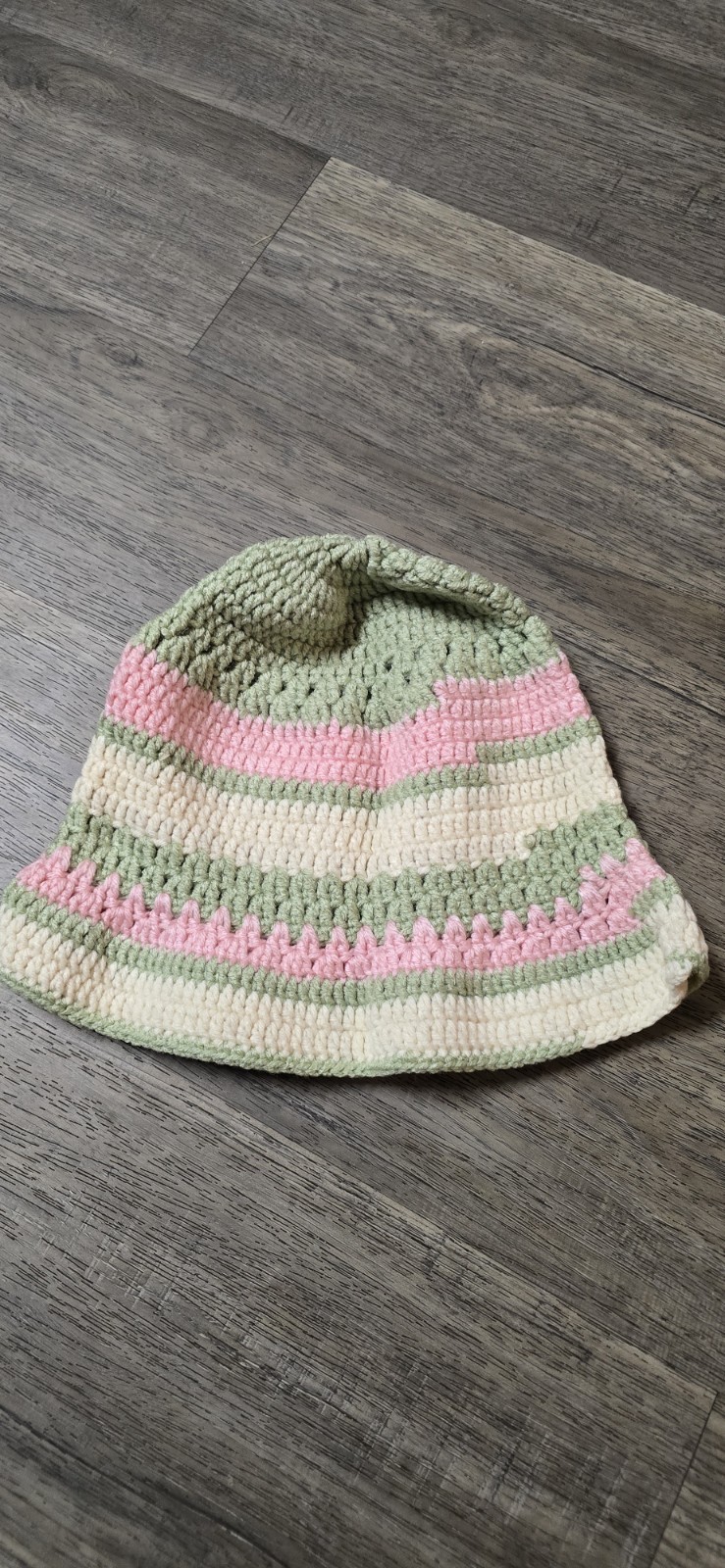 Handmade Crochet Knit Striped Bucket Hat Pastel Green Pink Cream Soft Casual