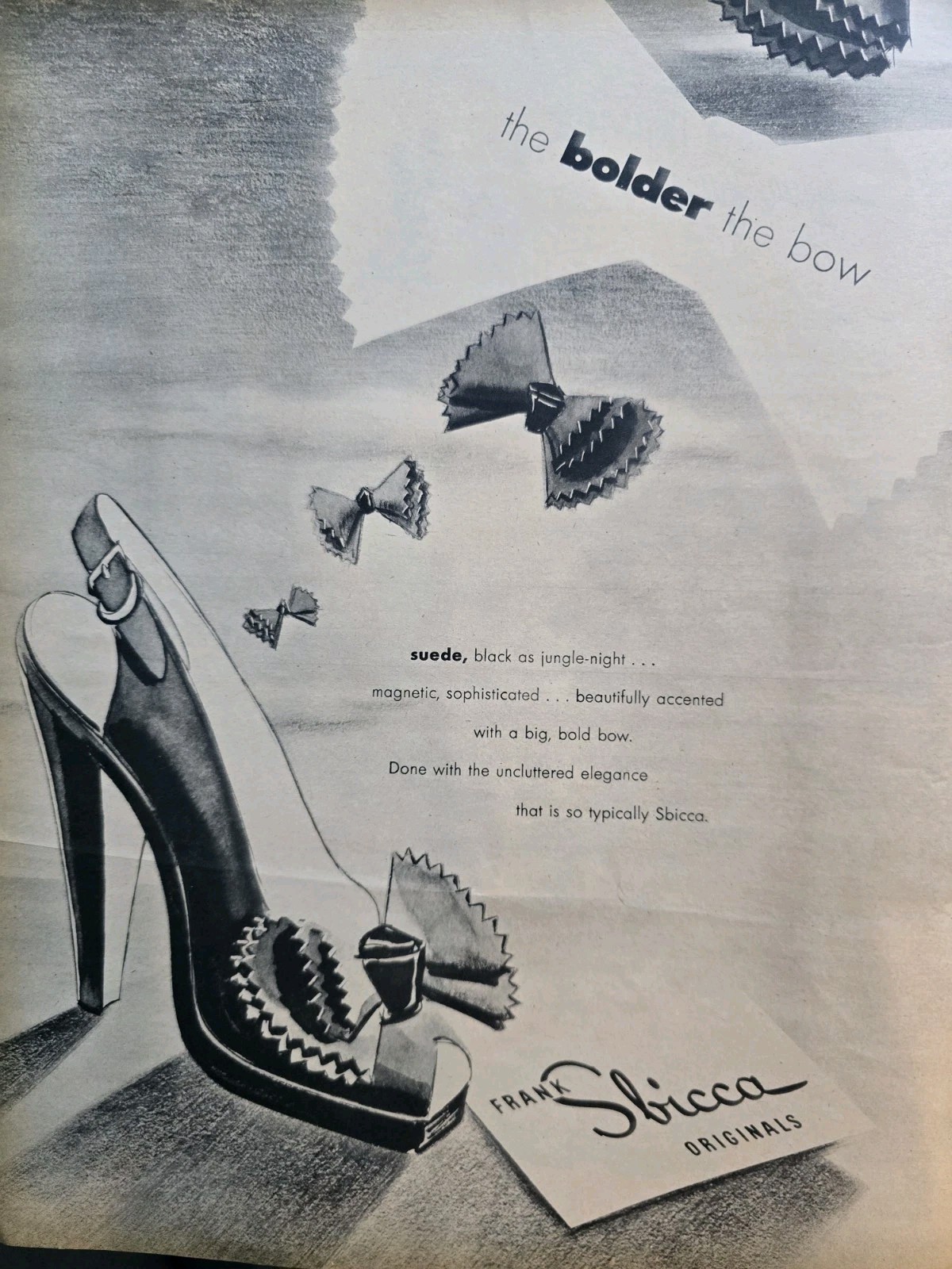 1946 Women's Sbicca Originals suede black high heel shoes bolder bow Vintage ad