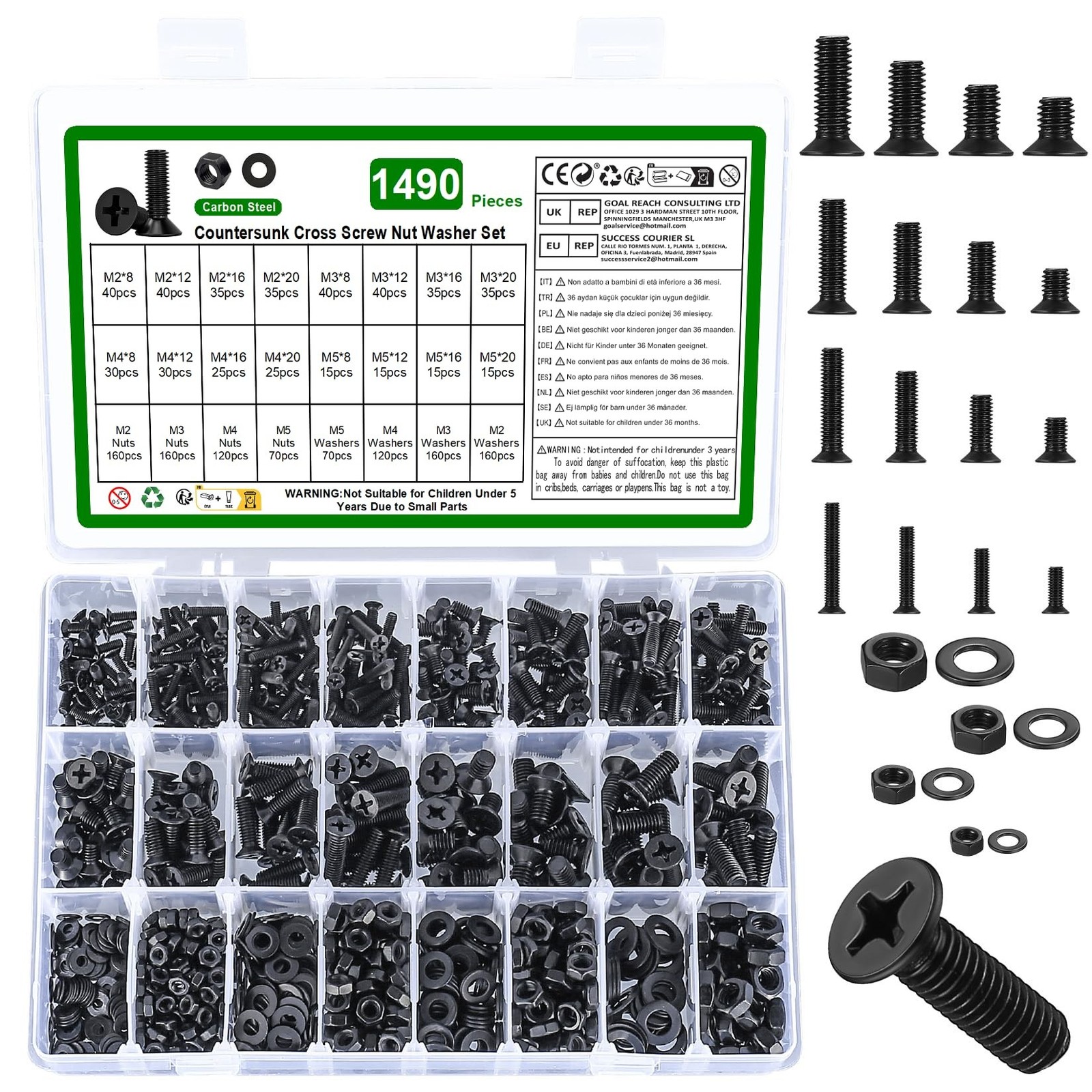 1490 Pcs M2 M3 M4 M5 Screws and Nuts Set, Countersunk Bolts and Nuts Assortme...