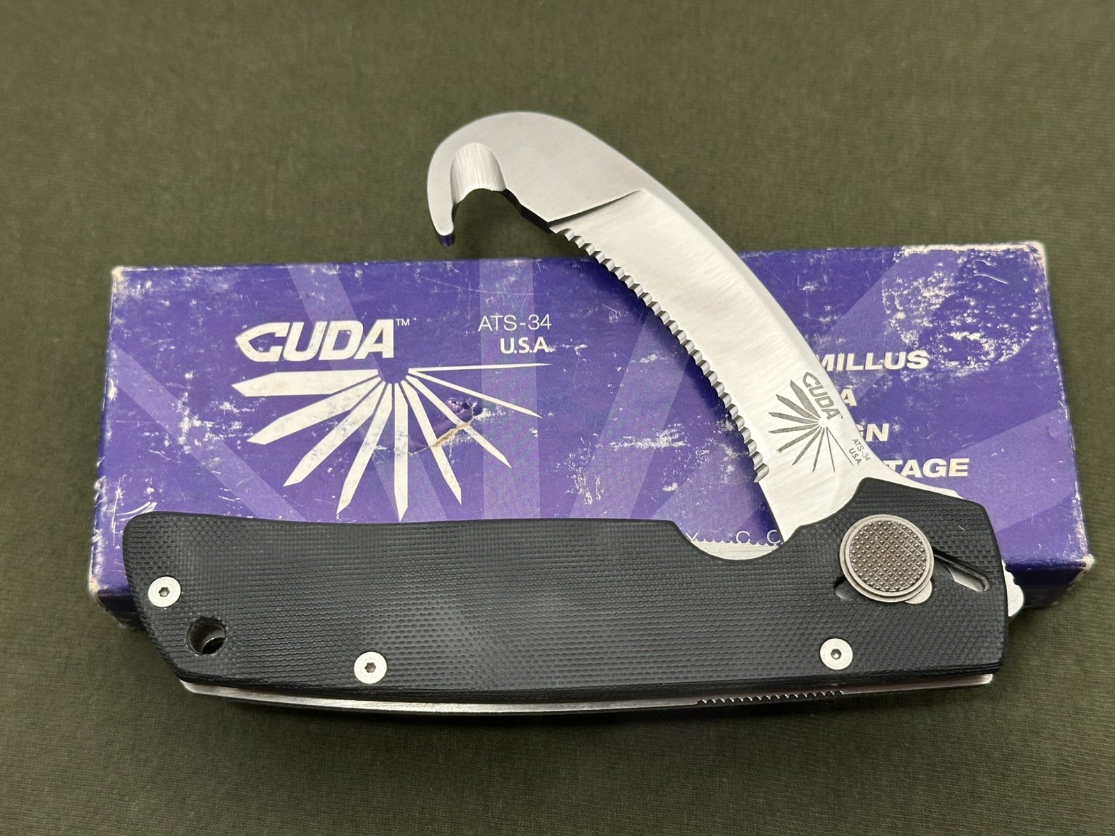 Camillus Vintage USA Made Cuda 3 Rescue Knife ATS-34 Blade, Black G-10 Scales