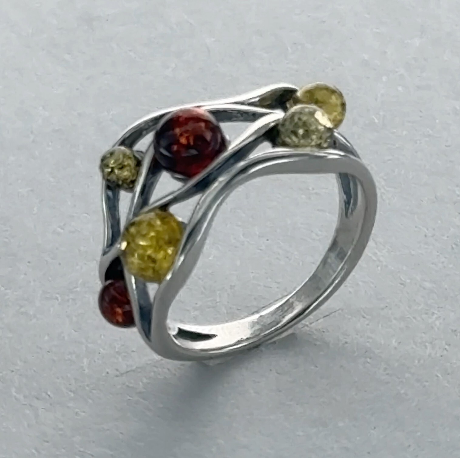 Round Multi-Color BALTIC AMBER Rectangle Ring - 925 STERLING SILVER Poland #87e