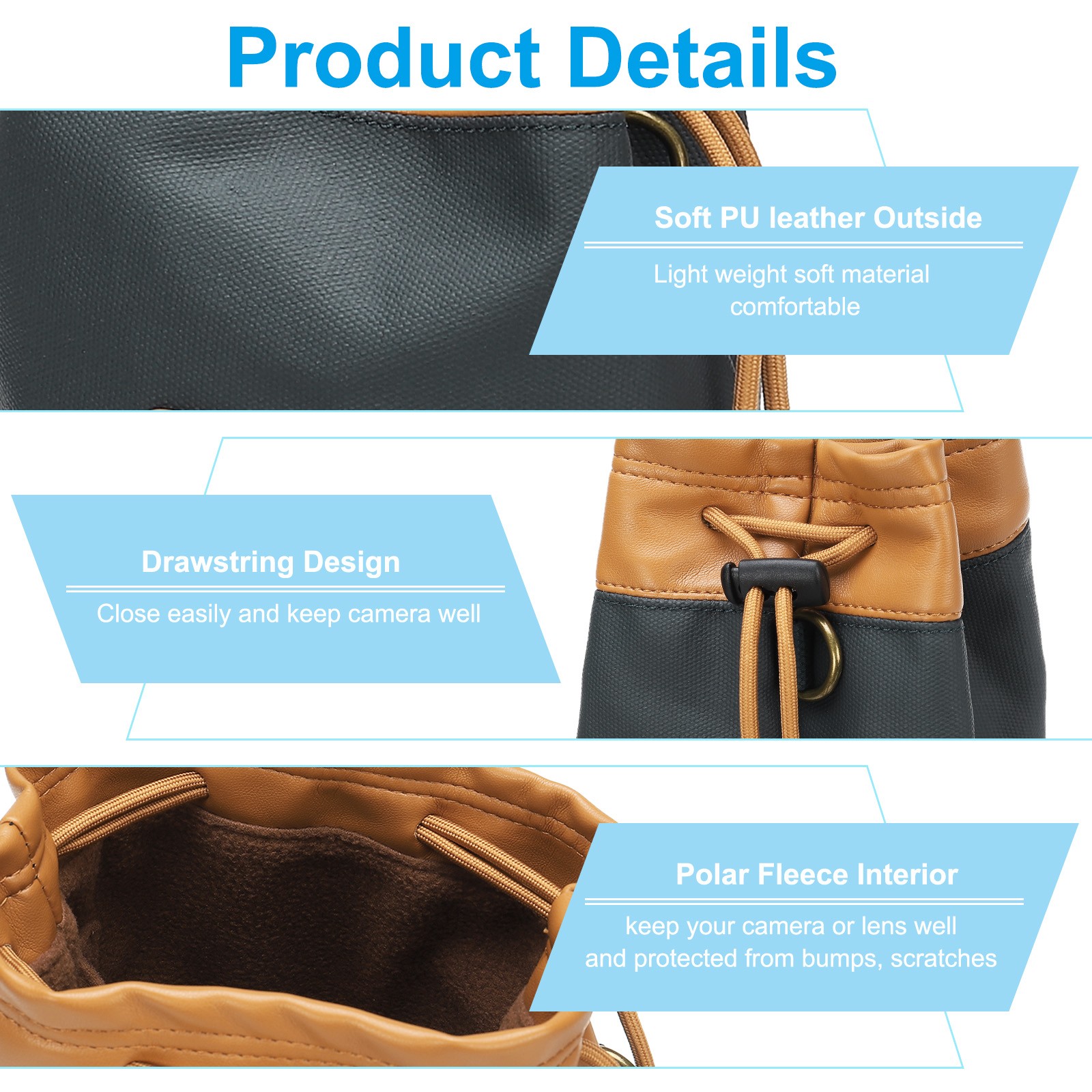 Soft Camera Bag, L Size Camera Drawstring Shoulder Bag with Hand Strap, Blue
