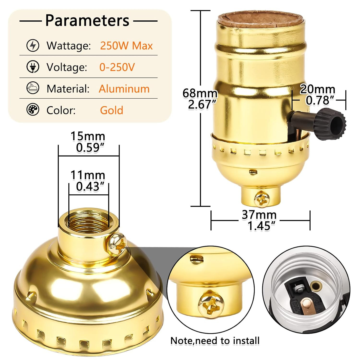 3-Way Lamp Socket Replacement,E26 Base UL Listed, Turn Knob for Low-Medium-High