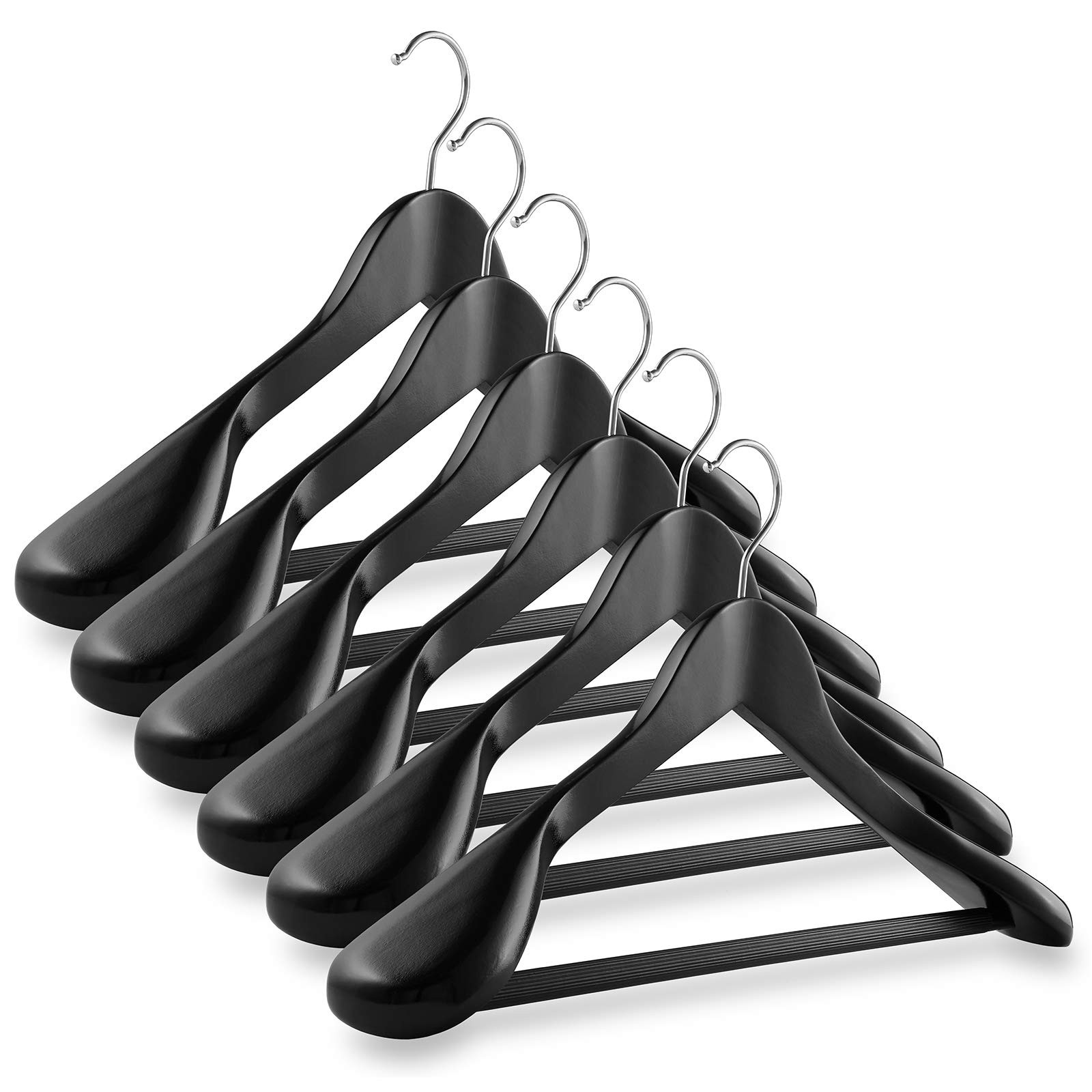 - 6 Black Wide Shoulder Wooden Suit Hangers - Premium Lotus Wood, Non-Slip Pa...