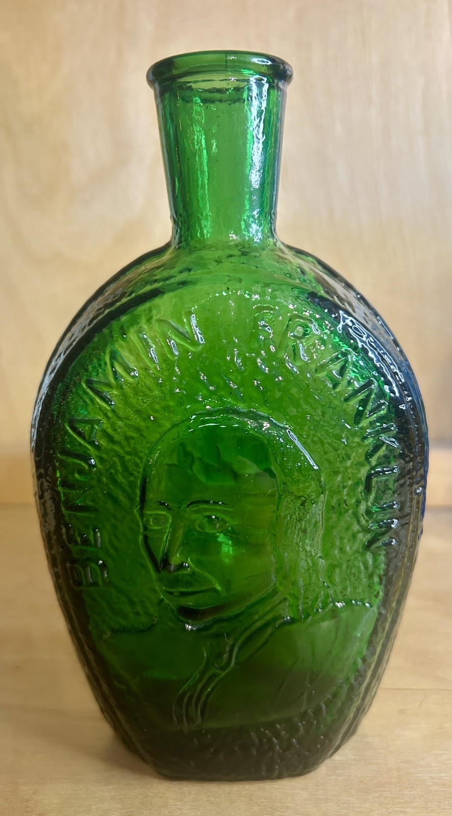 Vintage Green Benjamin Franklin 7 1/4" Bottle Wheaton NJ