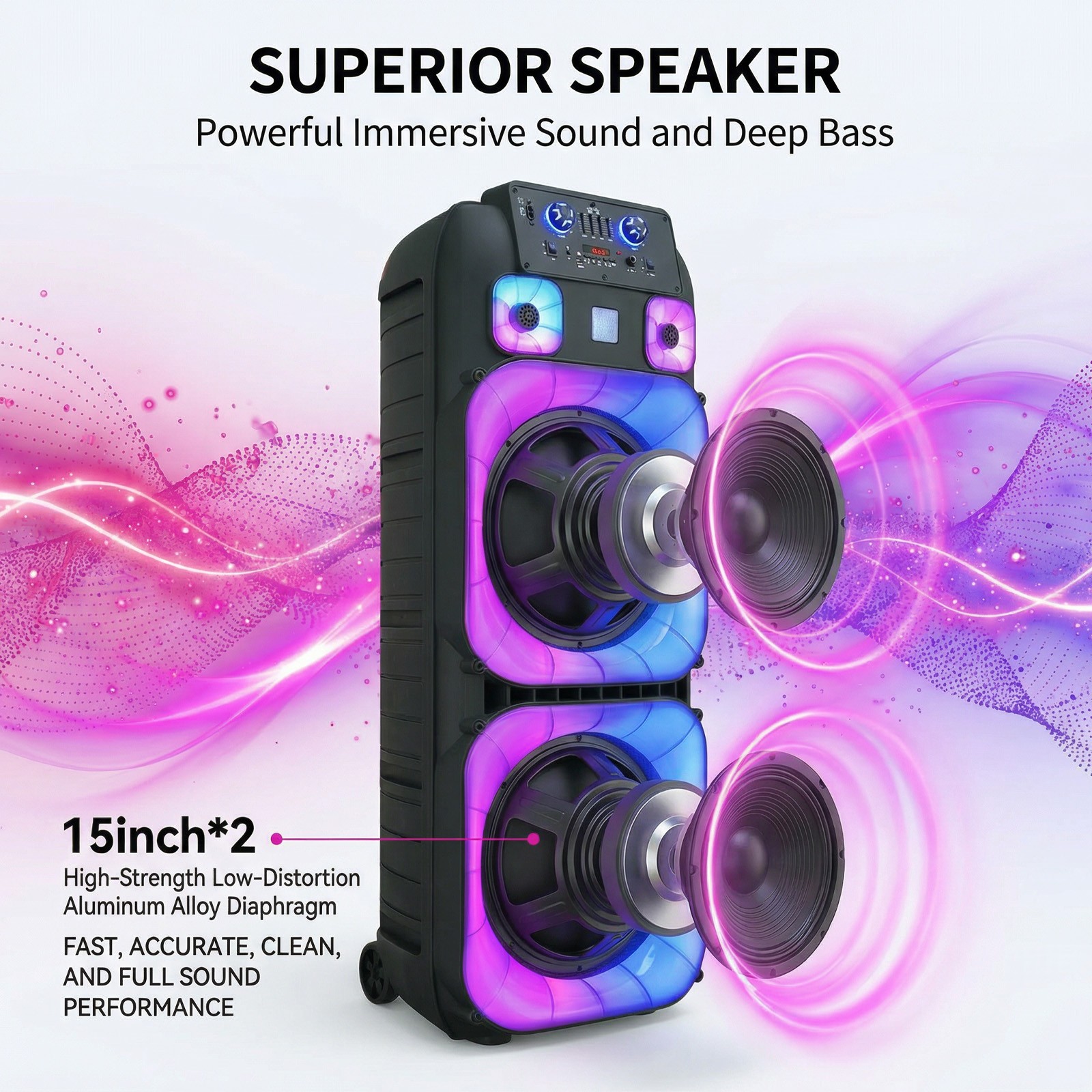 Dual 15" Massive Speaker Wireless Mic TWS PA System Party Speaker LED Lights USB