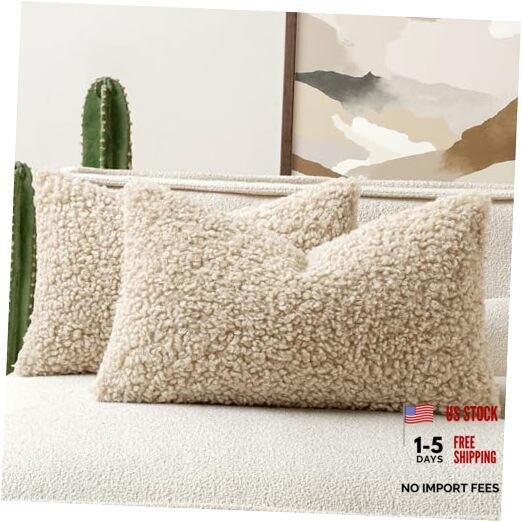 Faux Fur Throw Pillow Covers 20x12 Inch Set of 2 20" x 12" (Pack of 2) Oatmeal