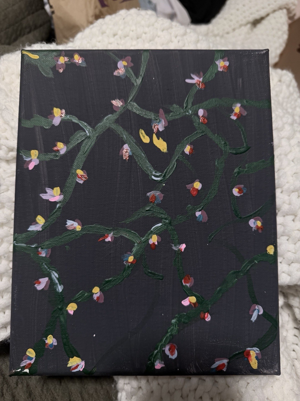Hand-Painted Abstract Floral Vine Painting on Black Canvas, Small Unframed