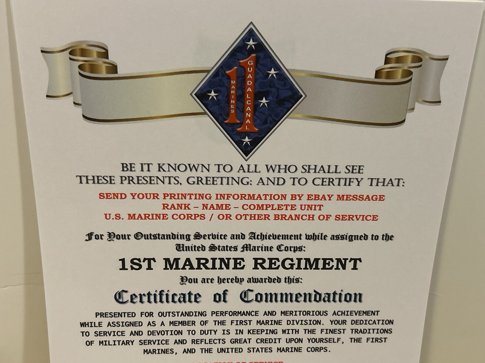U.S. MARINE CORPS / 1ST MARINE REGIMENT (1 MARDIV) - CERTIFICATE OF COMMENDATION
