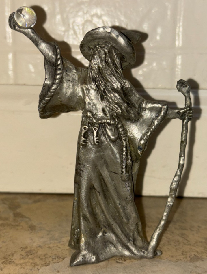 Vintage Pewter Magic Ice Wizard Sorcerer Warlock Figurine 5"H Crystal Ball