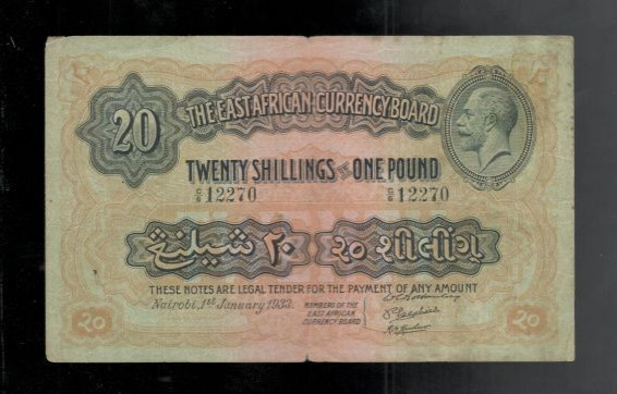 East Africa Currency Board, 1933, KGV, 20/Shillings, P-22, CRISP F-VF!