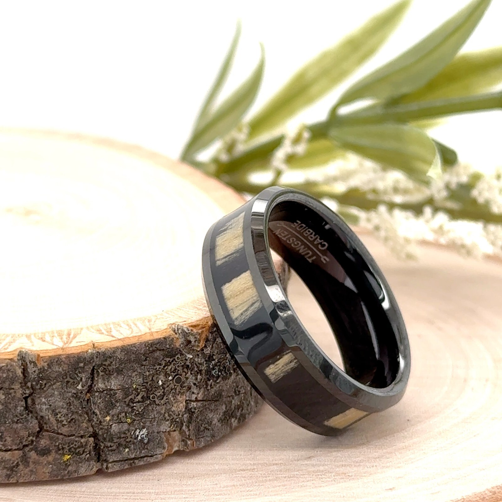 Unisex Band For Christmas Gifts 8MM Sleek Black Tungsten Ring Natural Wood Inlay