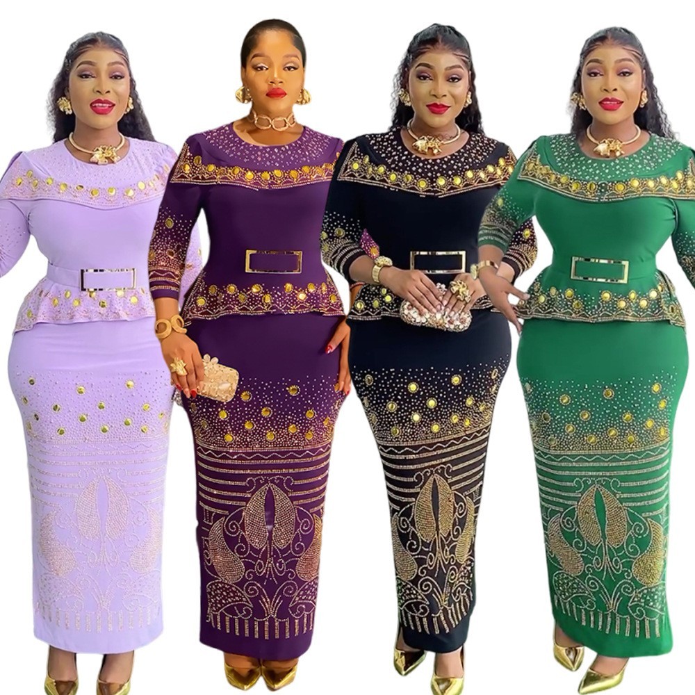New African Women Party Dresses Elegant Diamond Maxi Muslim Wedding Evening Gown