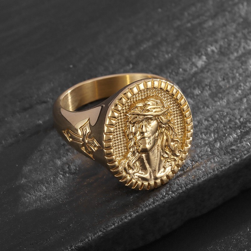 Stainless Steel  PVD Gold Plated Jesus Sculpture Ring  7-13