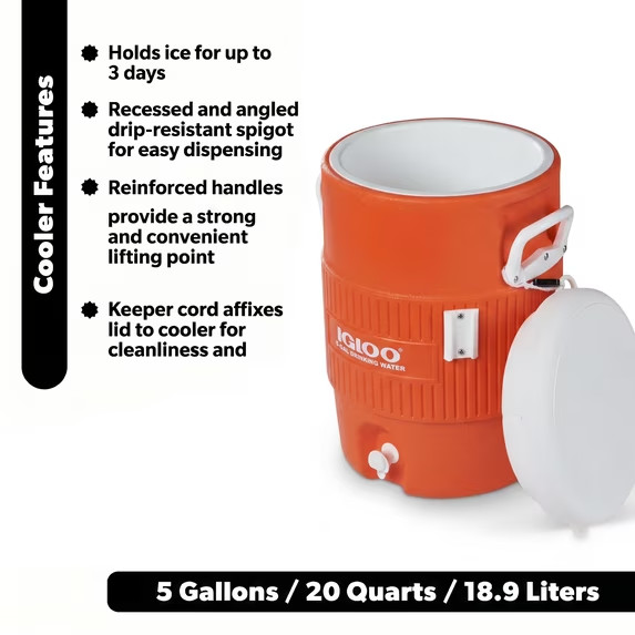 Igloo 5 Gallon Heavy-Duty Beverage Cooler, Orange