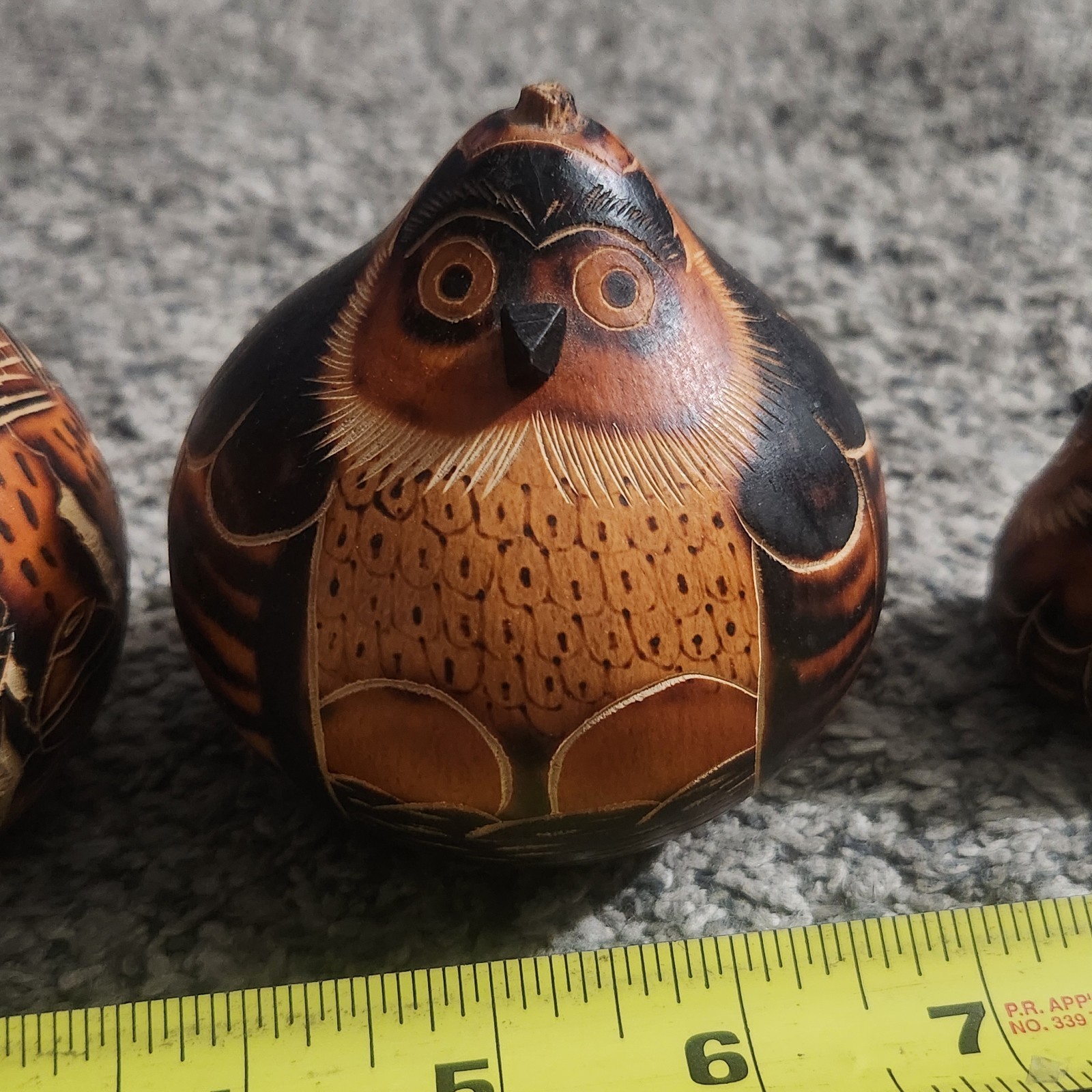 3 Peruvian Hand-Carved Gourds Owls Folk Art