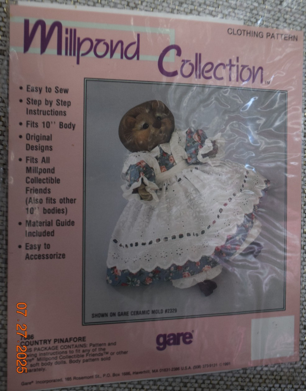 Millpond Collection Pattern 7886 Country Pinafore 10" Doll Clothes Uncut