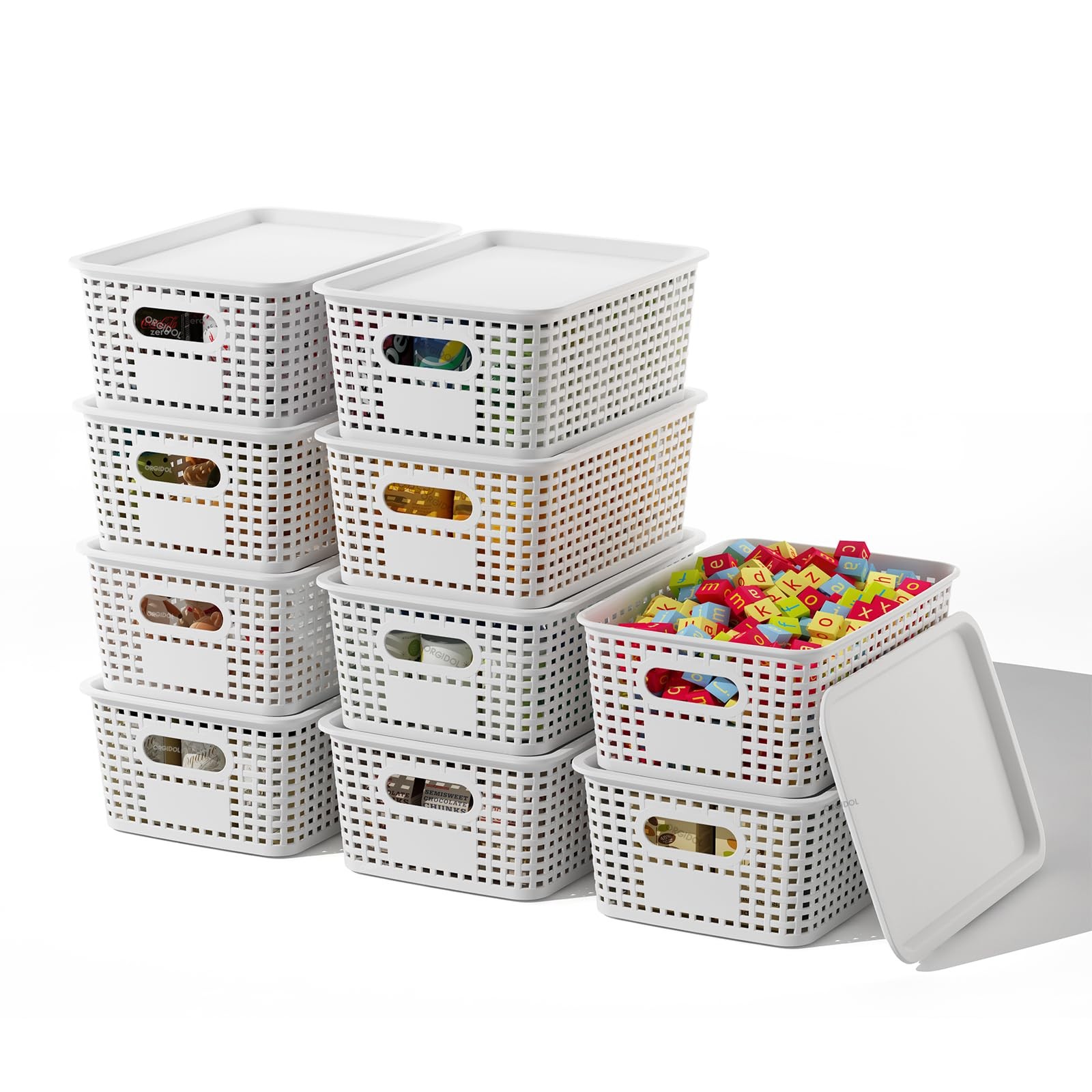 Plastic Storage Baskets with Lids, 10 Pack, Stackable Organizer Bins, White