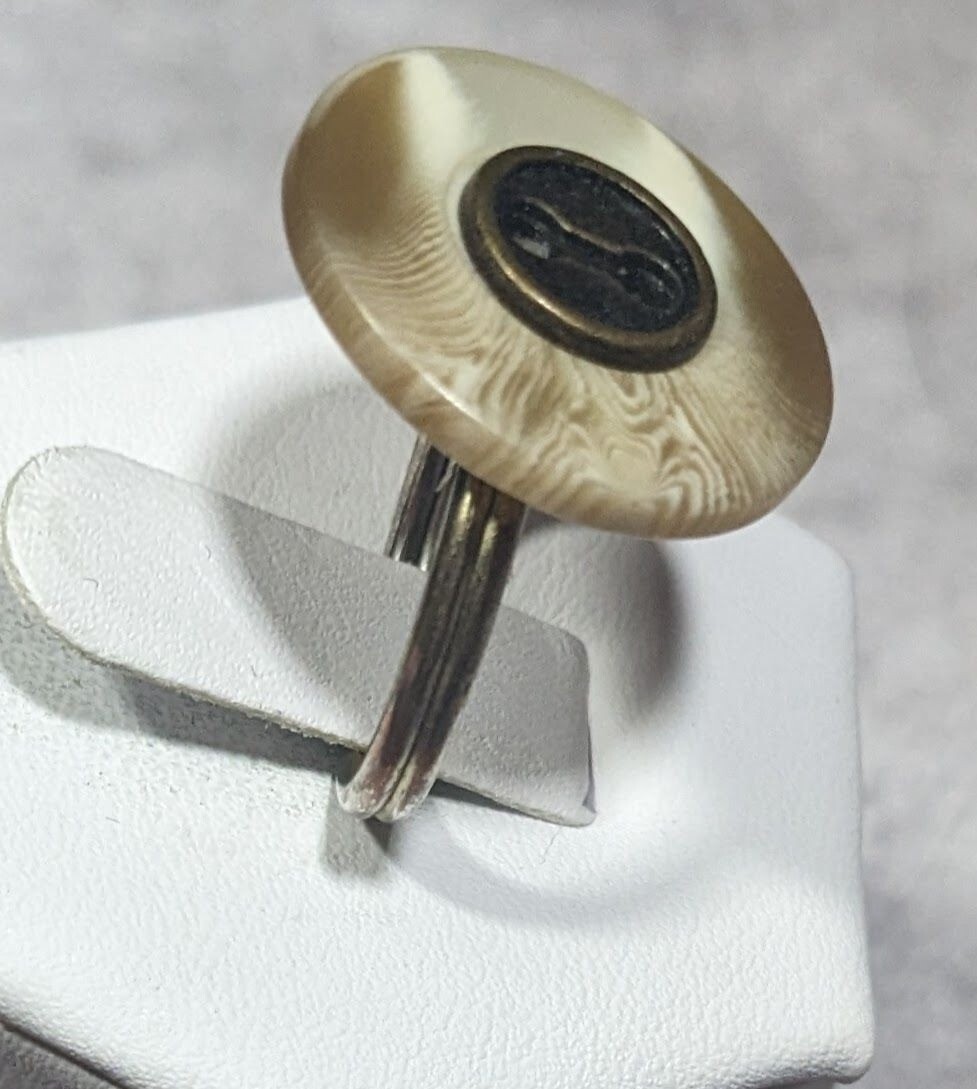 Handmade Upcycled Tan Button Ring Size 6