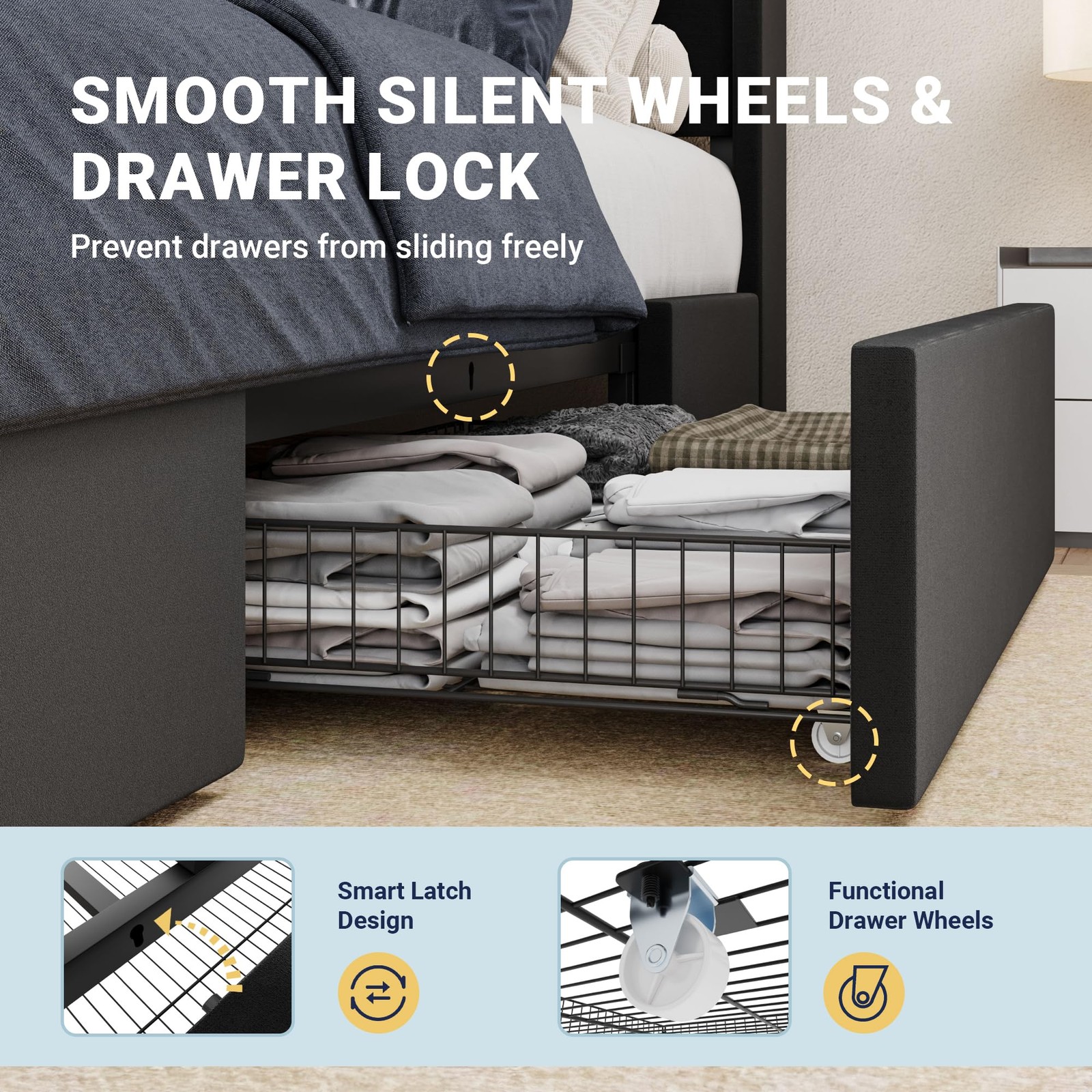 Full Size Velvet Bed Frame with 3 Storage Drawers, Upholstered Platform Bed w...
