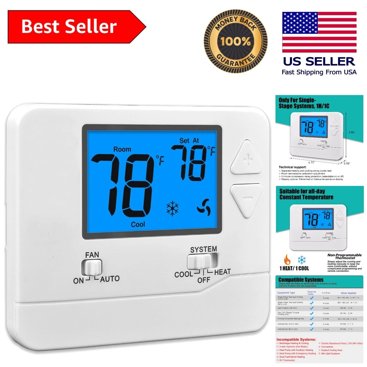 Affordable Non-Programmable Home Thermostat with Low Battery Indicator Feature