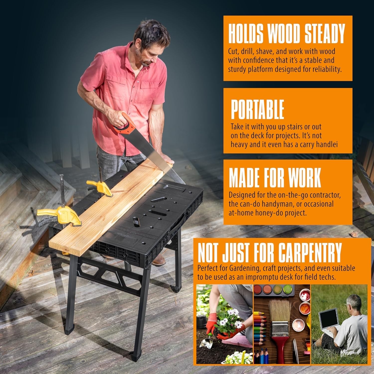 Express Folding Worktable, Easy Setup Portable Workbench, 34" W x 24" D