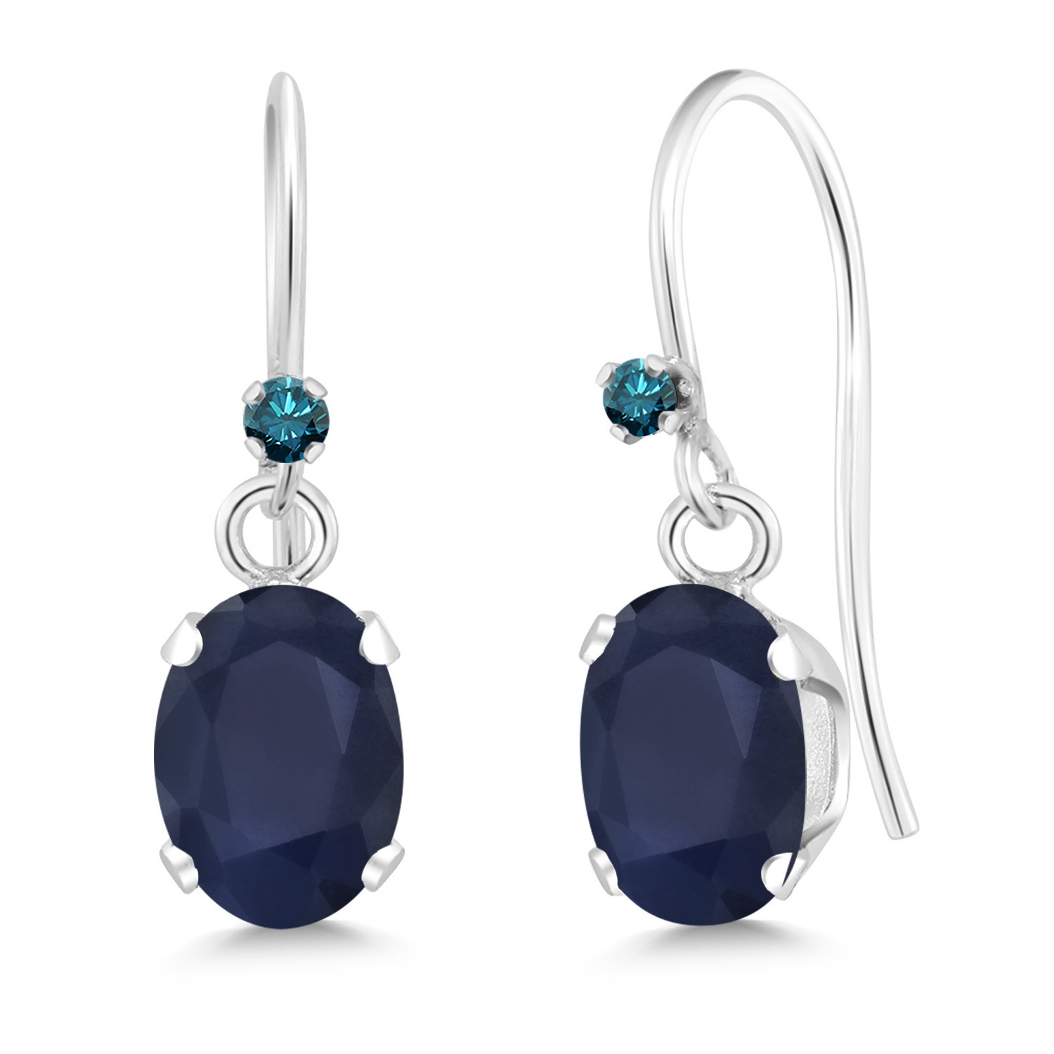 2.06 Cttw Sapphire and Blue Diamond French Wire Dangle Hook Earrings For Women