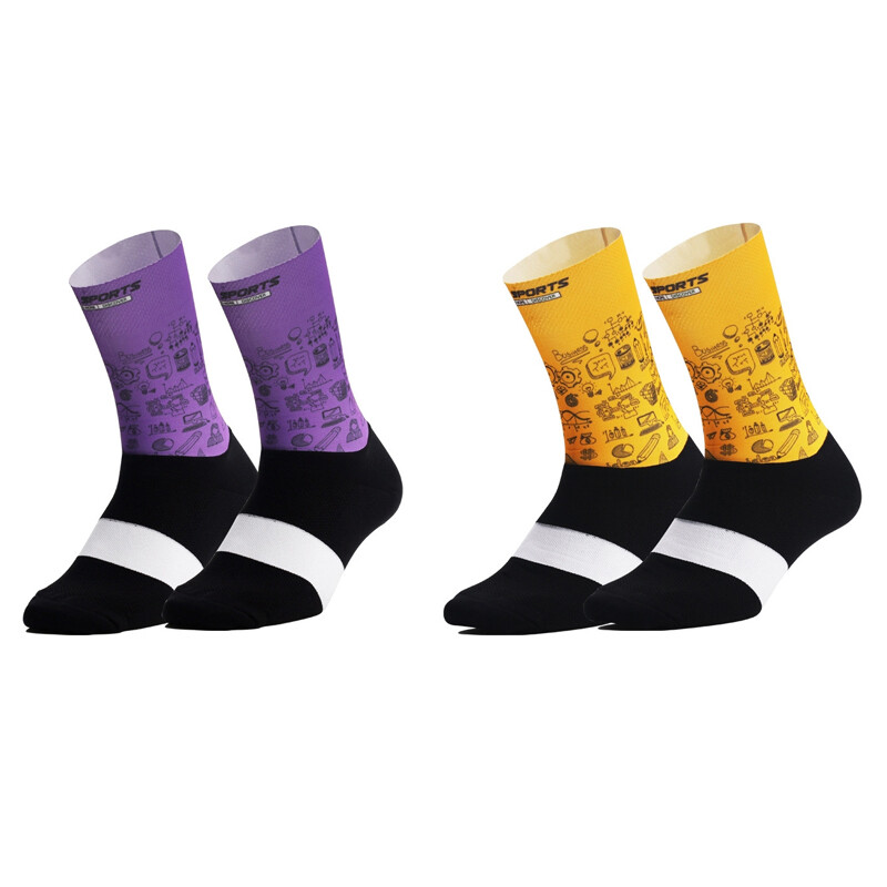 2Pairs Cycling Socks Riding Bicycle Bike Sport Ankle Socks XC MTB Yellow Purple