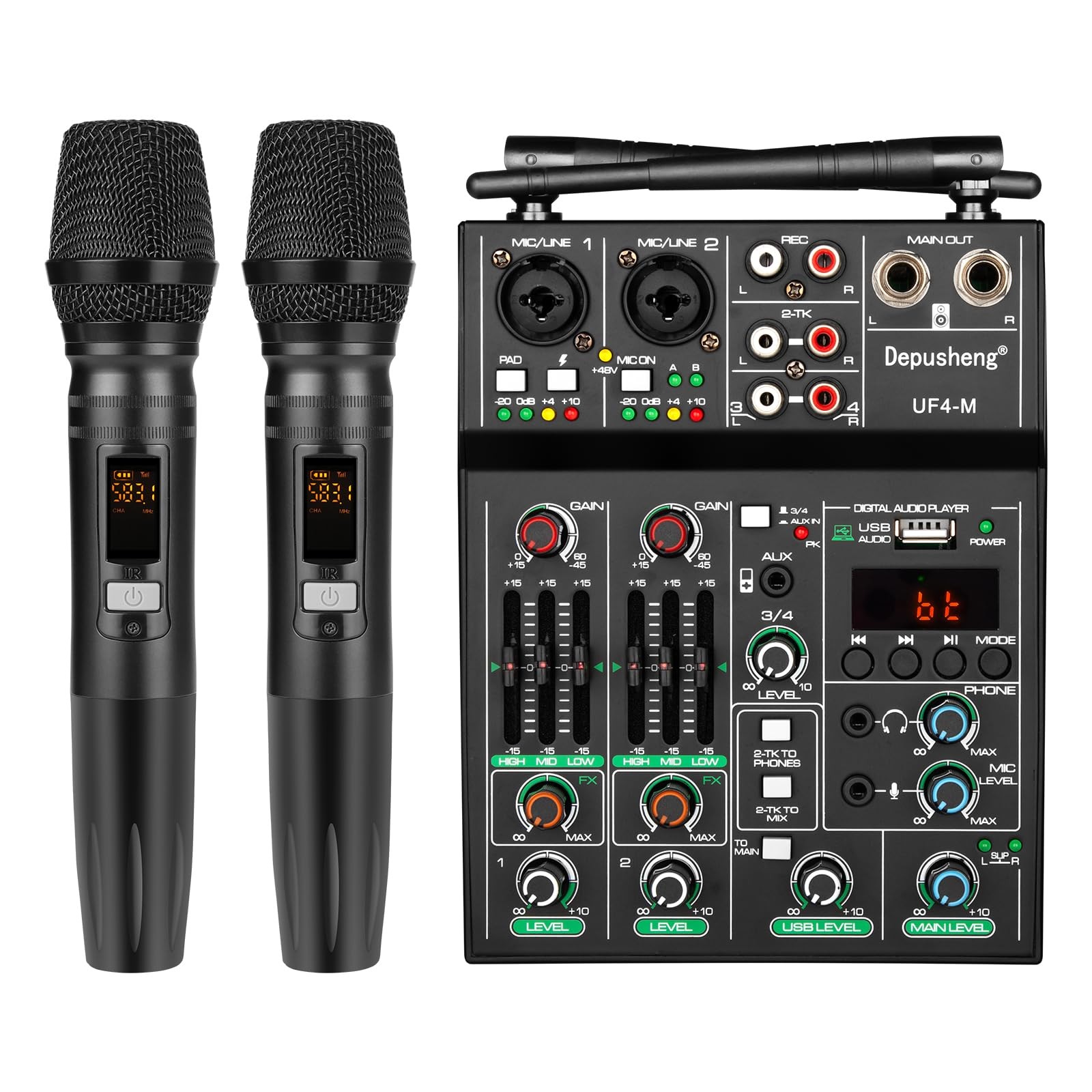 Depusheng Professional Audio Mixer, 4 Channel Sound Mixer With Dual Wireless...
