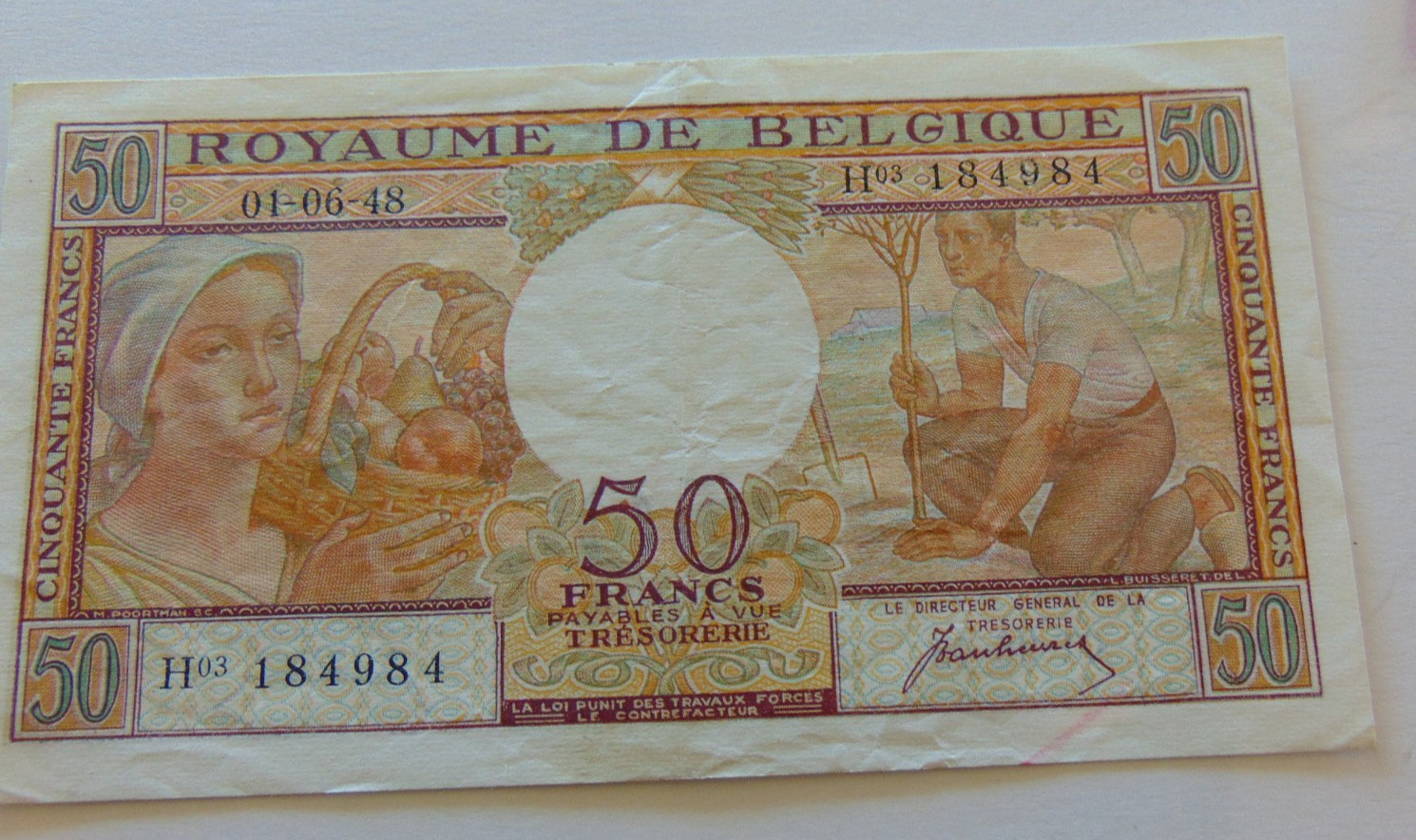26.03 #95.1 BELGIUM   50 Francs 1948-1958 P- 133 F-VF