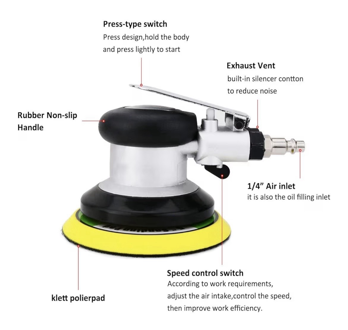 5” Black Pneumatic Orbital Sander, Palm Held, Adjustable Grinder Sander