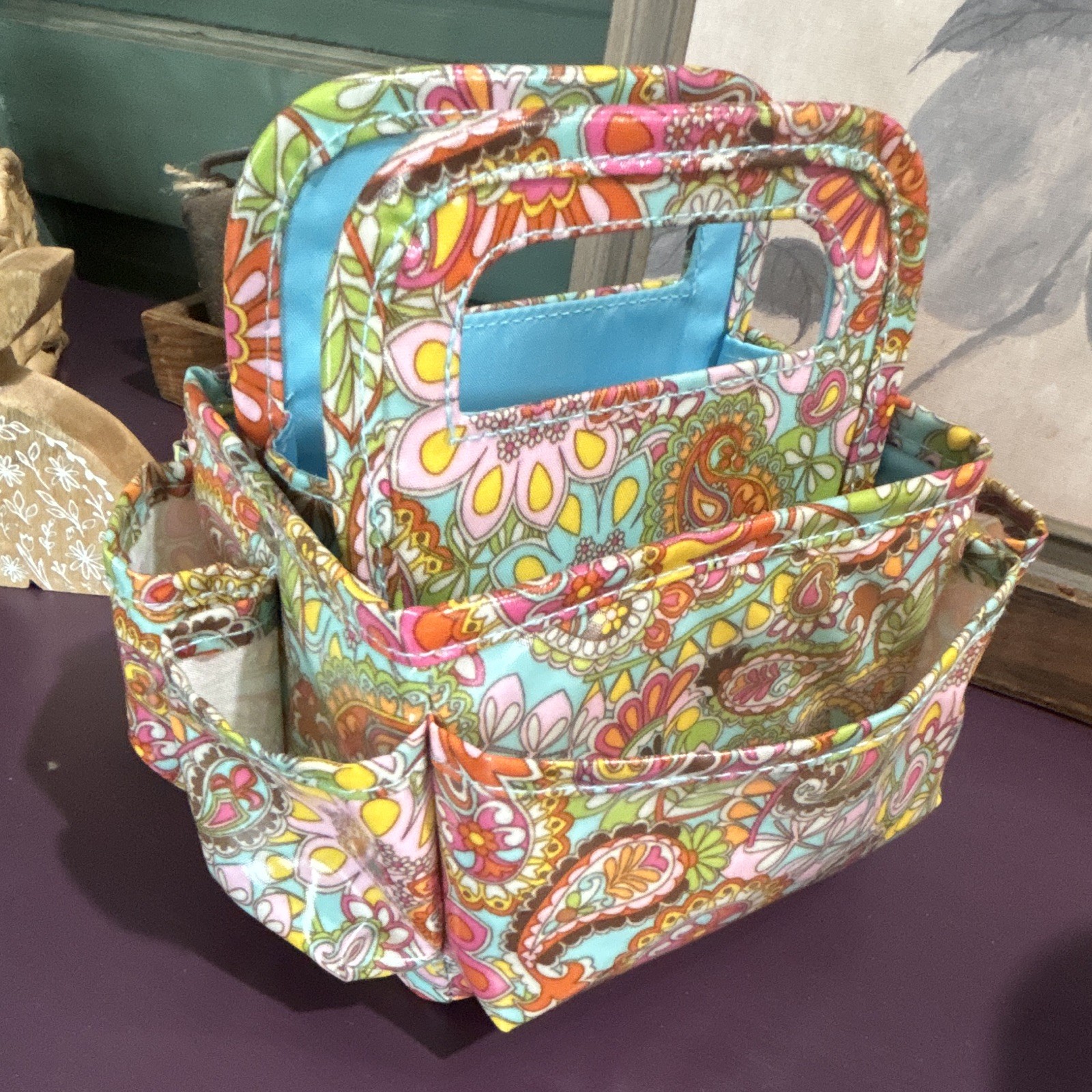 Floral Paisley Coated Fabric Organizer Tote Caddy w/ Handles, Pockets