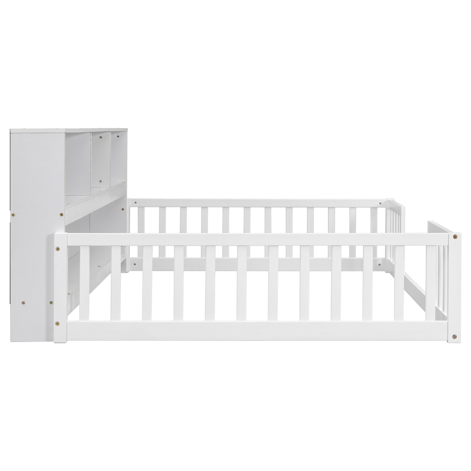 Full Size Floor Bed w/ Bookcase & Guardrails, White, Sturdy Pine Frame