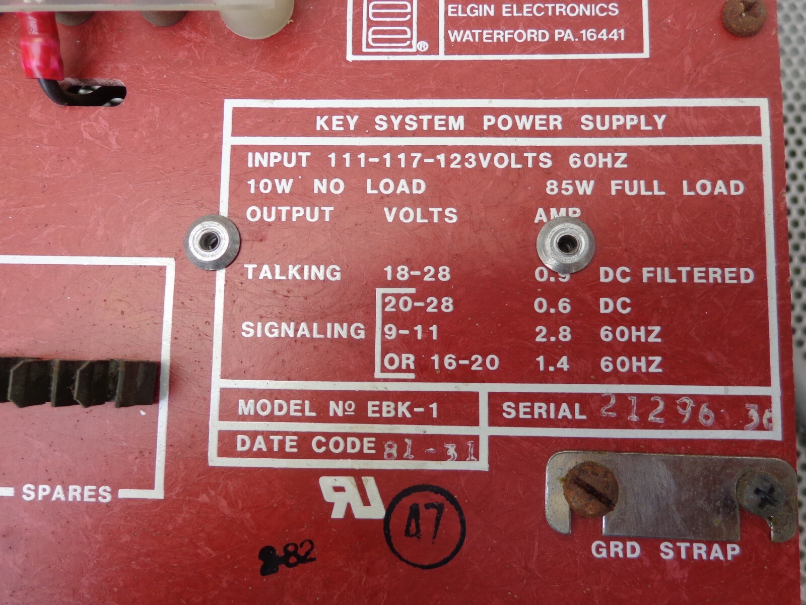 Elgin Electronics Model EBK-1 Key System Power Supply