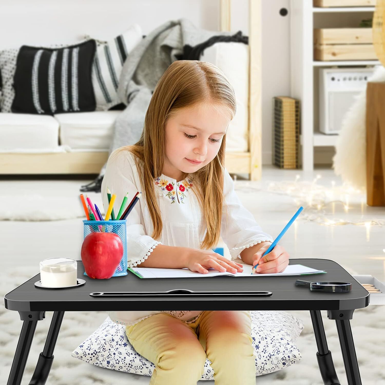 Foldable Laptop Table Lap Dining Table with Storage Drawers (Curved)