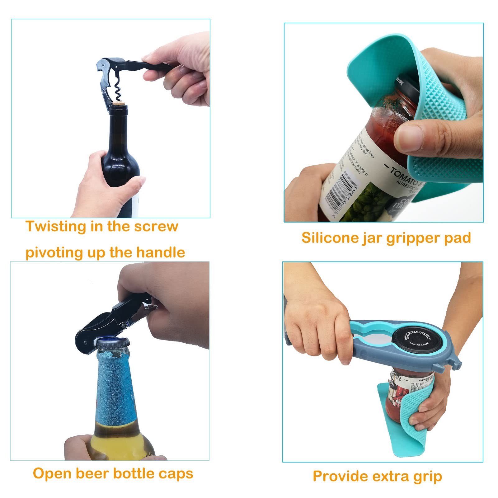Jar Opener & Bottle Opener Set for Weak Hands Multi Function Kitchen Opener Tool