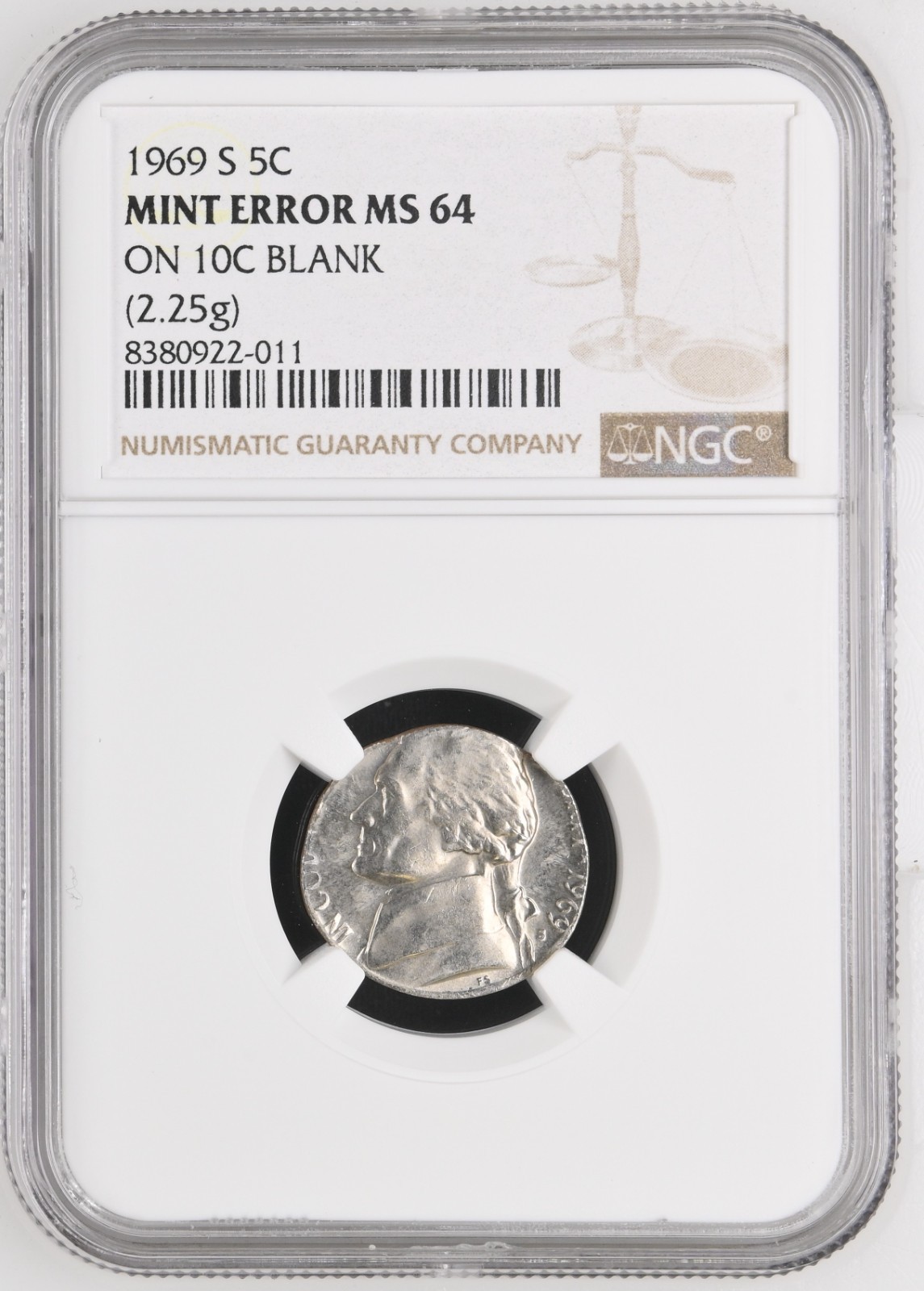 1969 S 5c Nickel Struck On 10c Planchet 2.25g Blank MINT ERROR Full Date