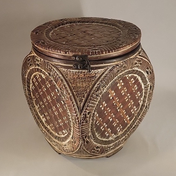 Round Woven Storage Basket with Lid, Brown/Black, Wood, 11in H x 10in W