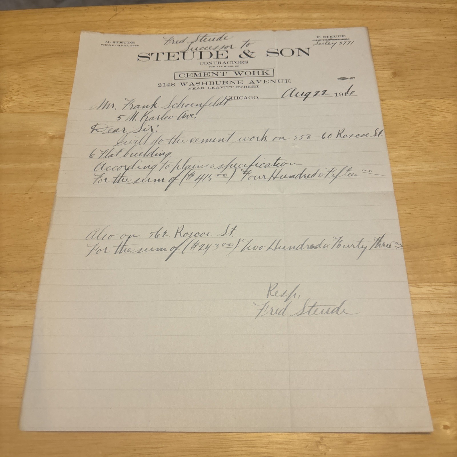 1916 BILLHEAD Steude & Son Cement Work Chicago Illinois