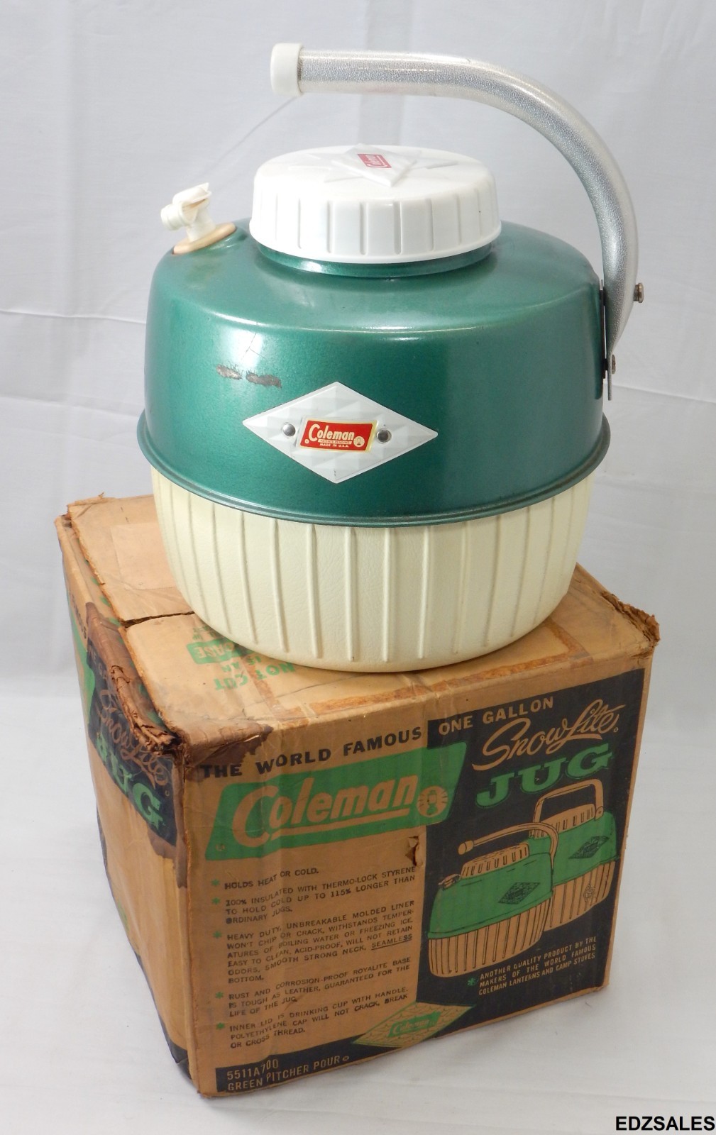 Vintage Coleman Snow Lite Green 1 Gallon Cooler Jug w/ Box - Rotating Handle