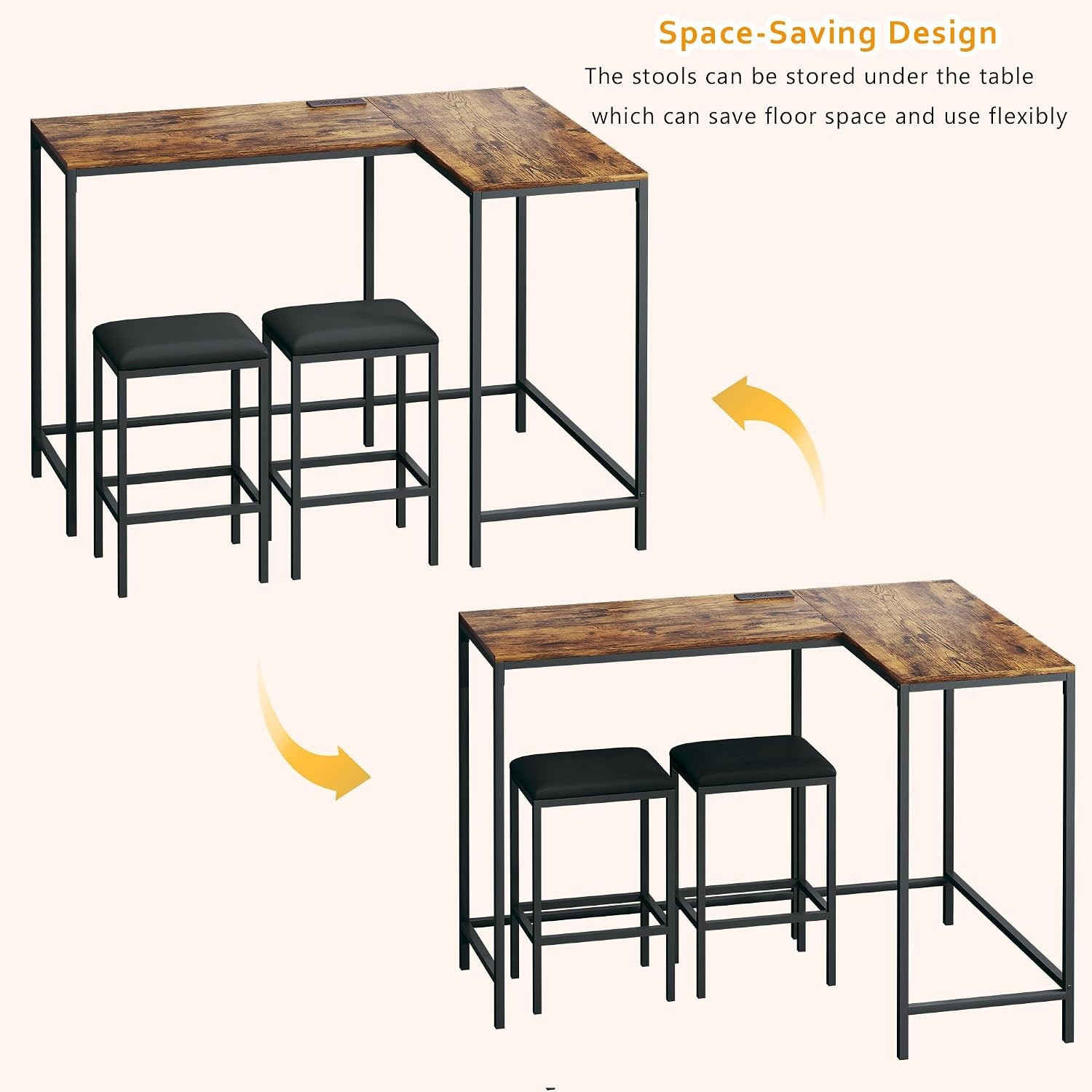 L Shaped Bar Table with Stools, 63‘’ Bar Height Table with Power Outlets,