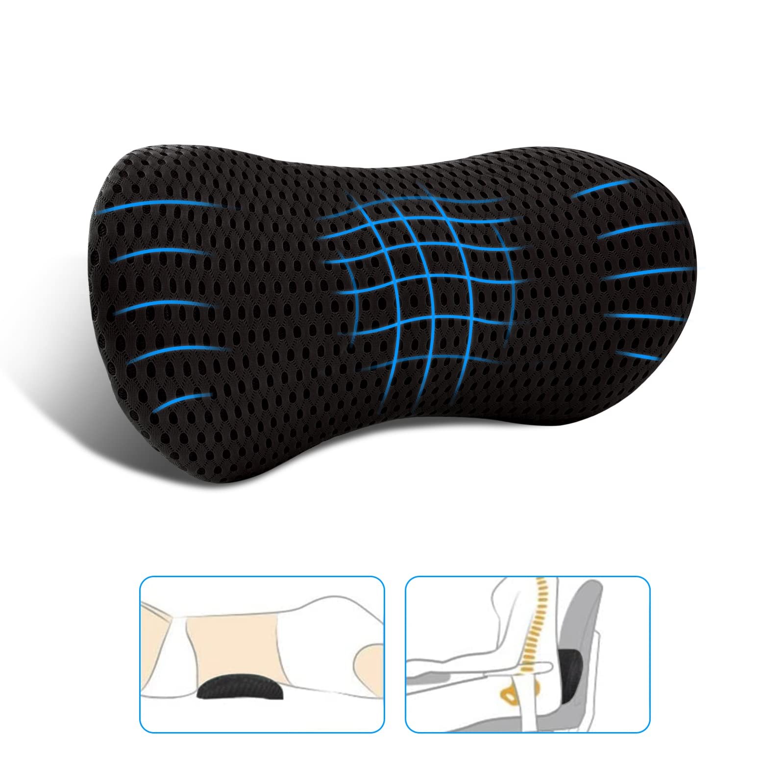 Lumbar Pillow, Memory Foam Support Pillow 19.5*9.9*5.8 inches, Black