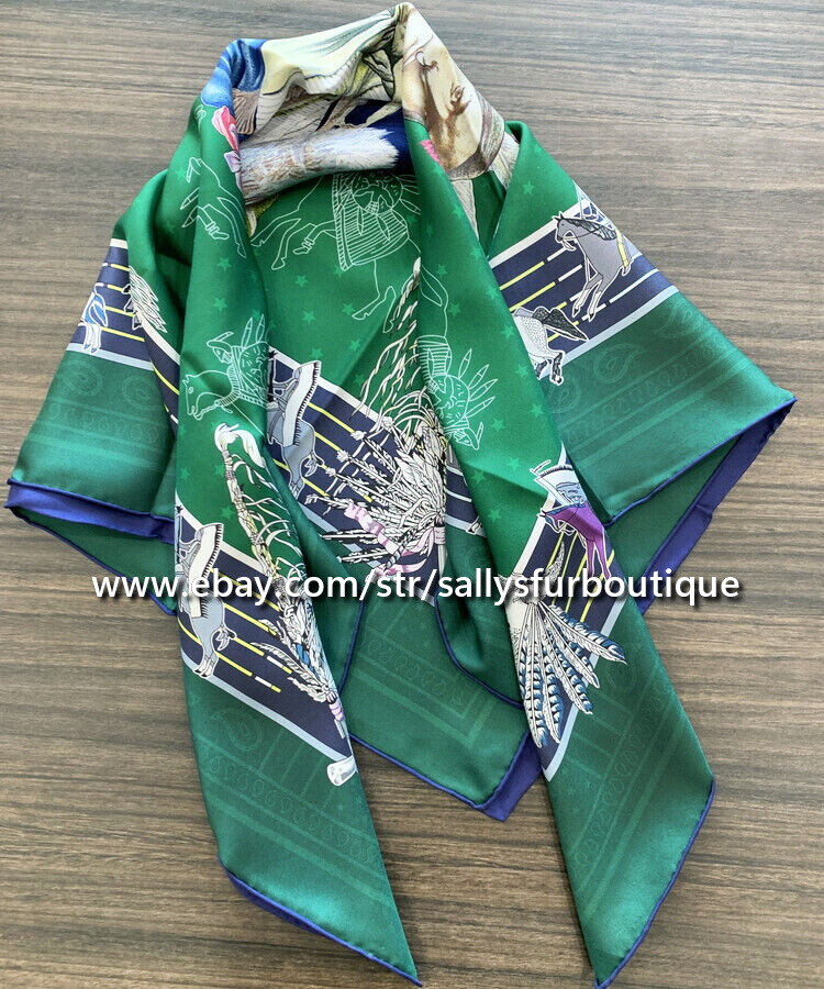 Sallys 18 Momme Twill Silk Wrap Scarf Indians Print Double Face Kerchief 35"