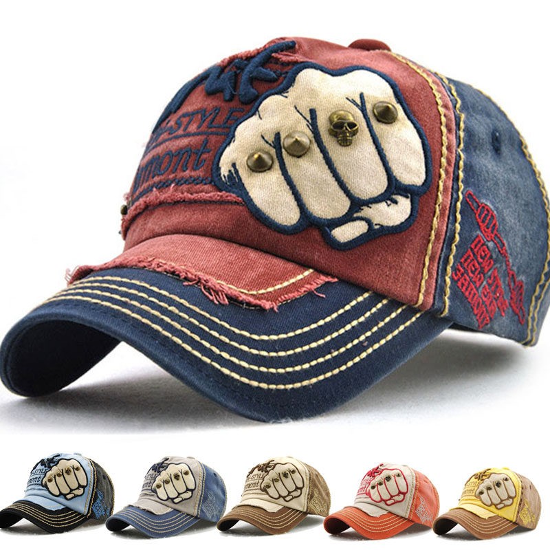 Vintage Style Embroidered Fist Baseball Hat Metal Studs Punk Hip Hop Sun Cap