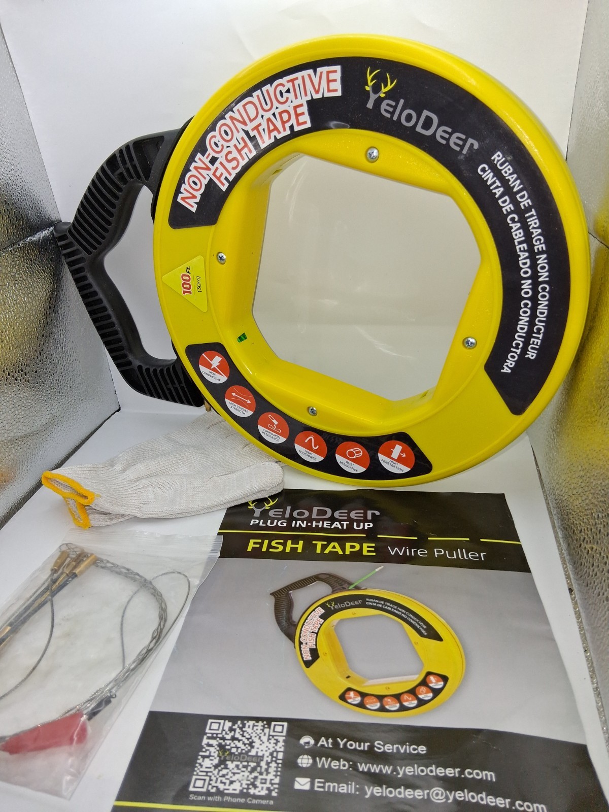 Fish Tape Wire Puller 100 FT X 4.5 Mm with Gloves and 7 Adapters, PET Wire Fishi