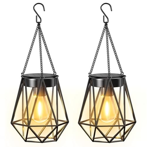 Hanging Solar Lanterns Outdoor Waterproof, Metal Hanging Solar Lights 2 Pack