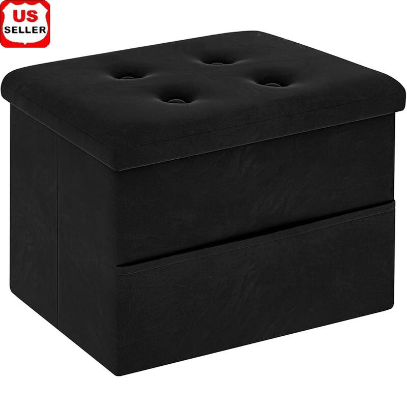 Velvet Storage Ottoman Foot Rest Foldable Footstool W/ Side Pocket Living Room